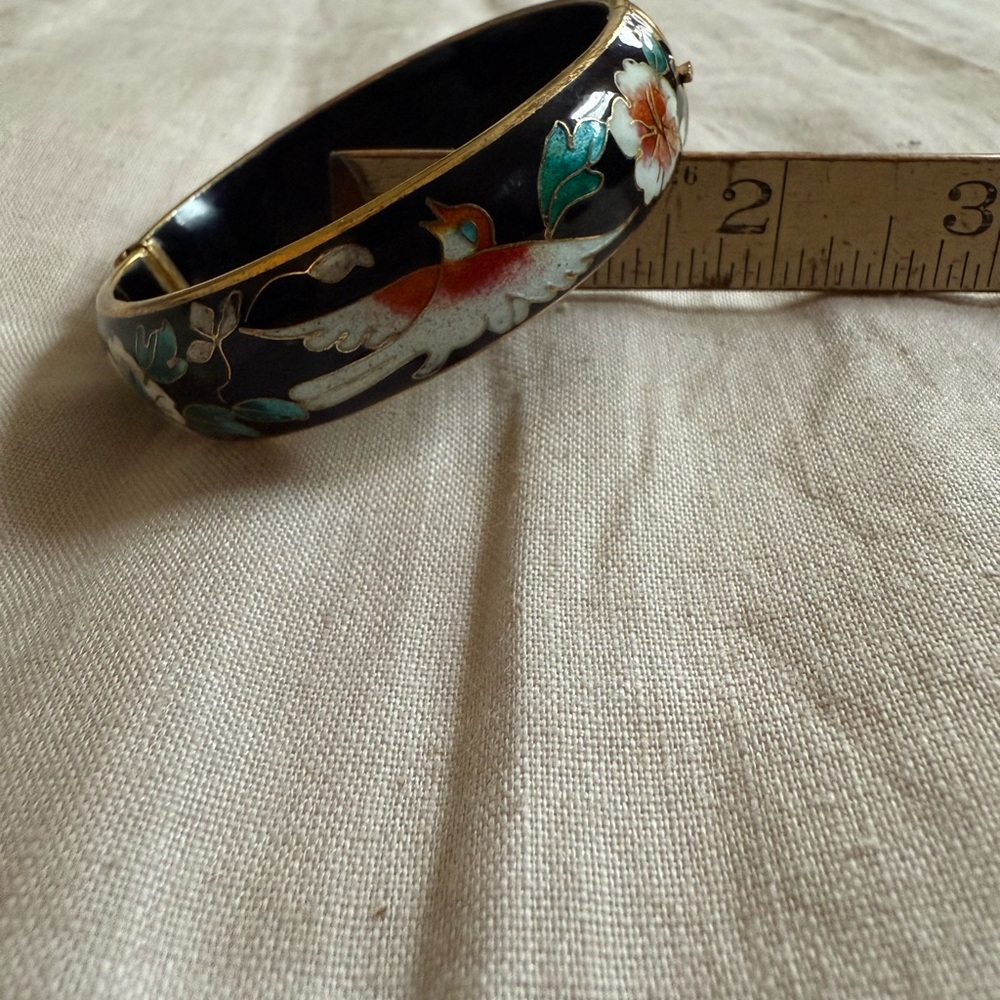 Vintage Hinged Cloissone Black Floral Bangle Bracelet